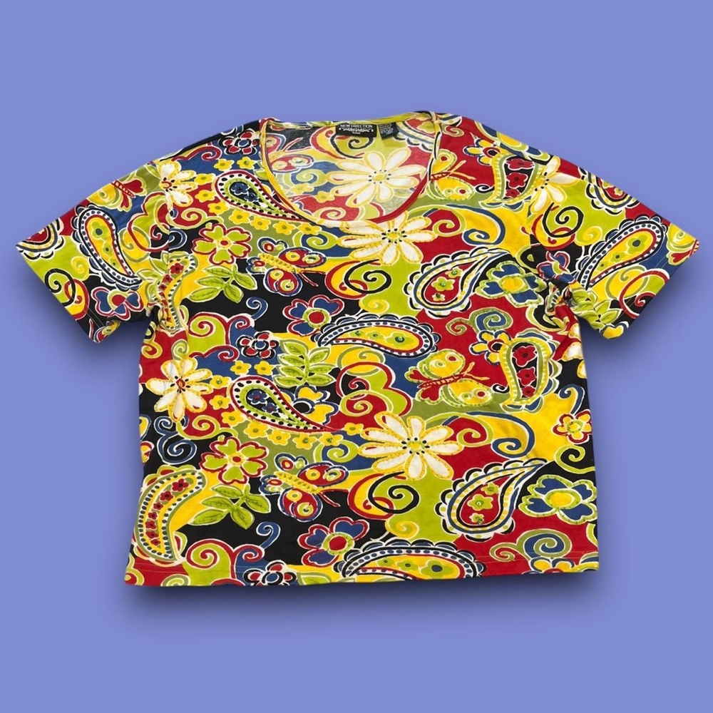 Y2K Floral Graphic Sequin Top Plus Size 2x Boho Hippie Eclectic